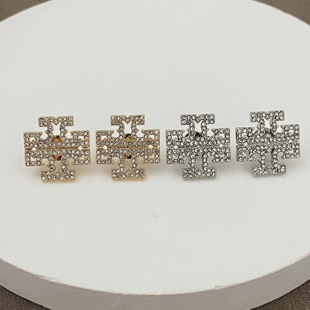 Tory Burch Gold Plated Double Micro Pave Letter Stud Earrings